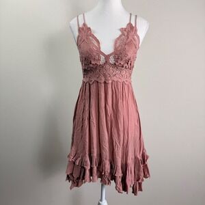 Free People FP One Adella Mini Dress Rose Pink Lace Boho Ruffle Smocked Medium